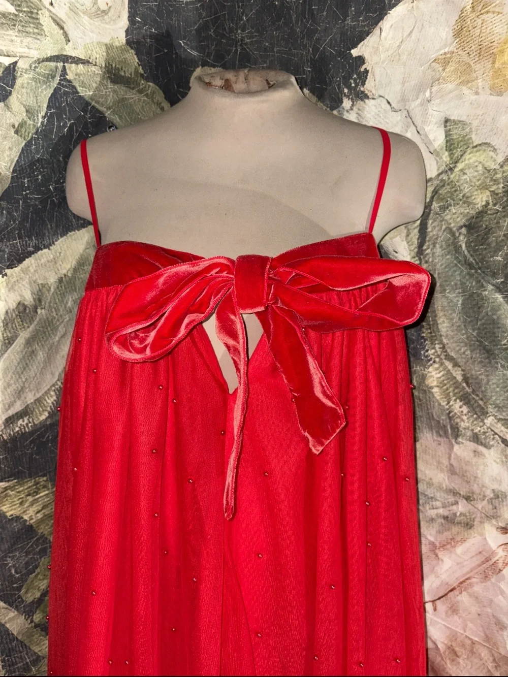 Free People Red Pearl Embellished Spaghetti-Strap Bubble Hem Maxi Dress